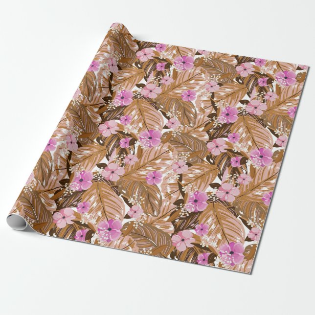 Tropical Floral and Leaves Wrapping Paper (Unrolled)