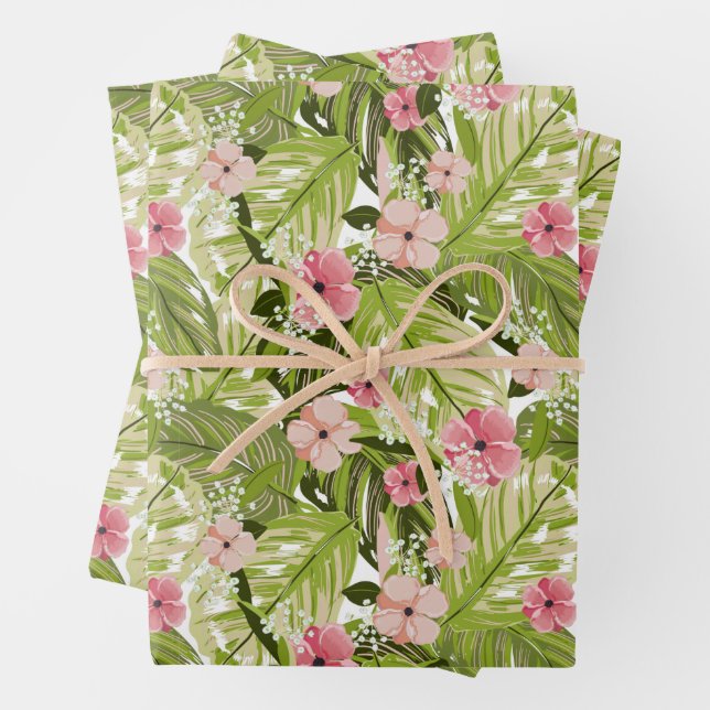 Tropical Floral and Leaves Wrapping Paper Sheets (In situ)