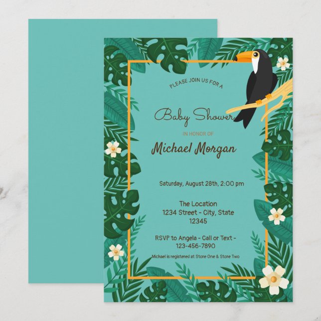 Tropical Floral, Animals Baby Shower Invitation (Front/Back)
