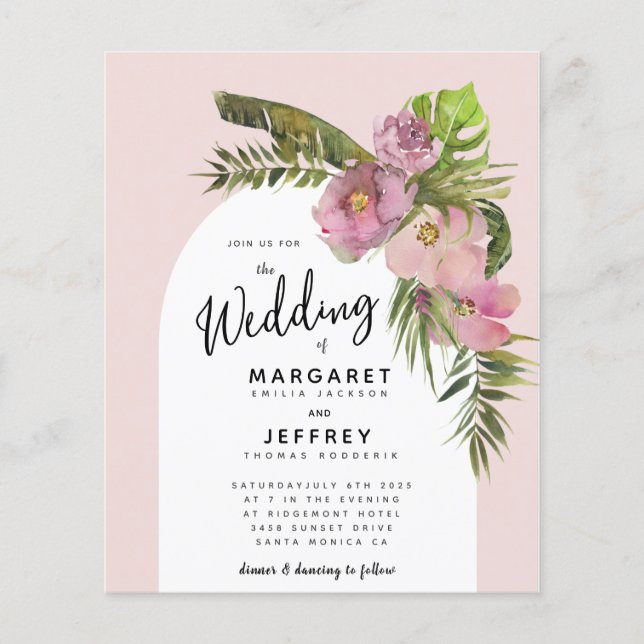 Tropical Floral Arch Budget Summer Wedding Invite (Front)