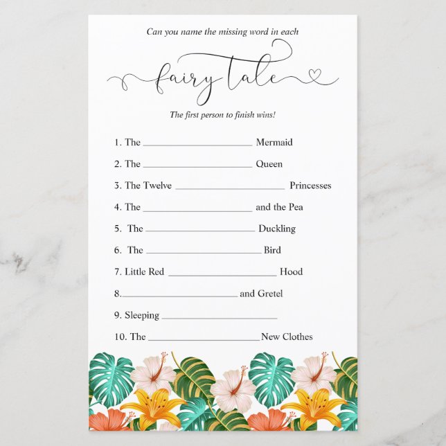 Tropical Floral Baby Shower Guessing Game  (Front)