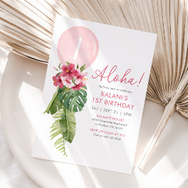 Tropical Floral Balloon Luau 1st Birthday Invitation
