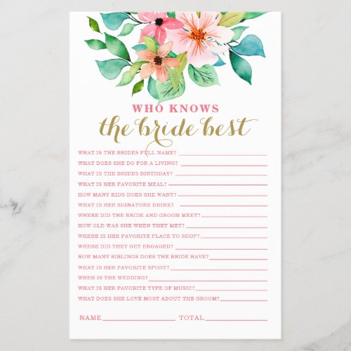 Tropical floral beach bridal shower Game Flyer