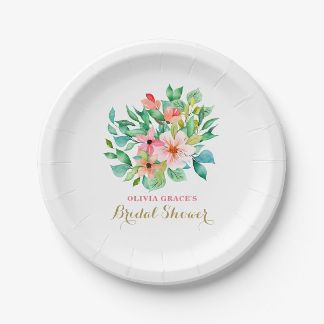 Tropical floral beach bridal shower paper plates (Front)