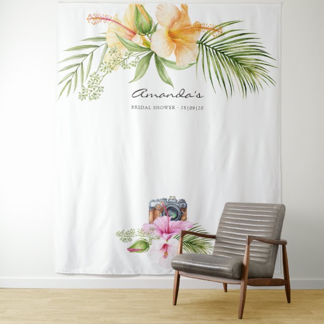 Tropical Floral Beach Bridal Shower Photo Booth Tapestry (In Situ)
