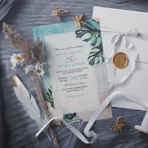 Tropical Floral Beach Budget QR Code Wedding Invitation