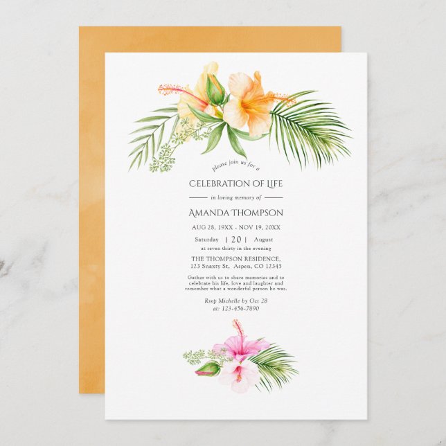 Tropical Floral Beach Celebration of Life Invitation (Front/Back)