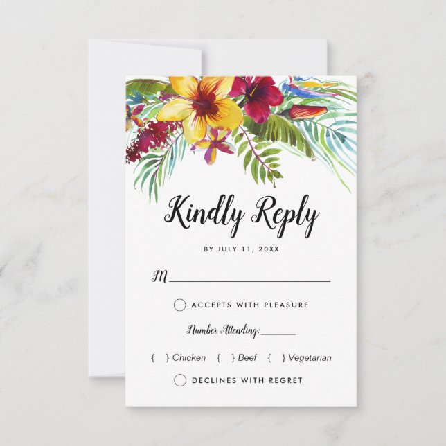 Tropical Floral Beach Food Choice Wedding RSVP Card (Front)