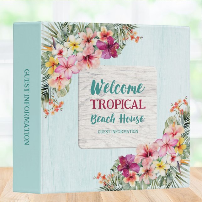 Tropical Floral Beach House Guest Information 3 Ring Binder (In situ)
