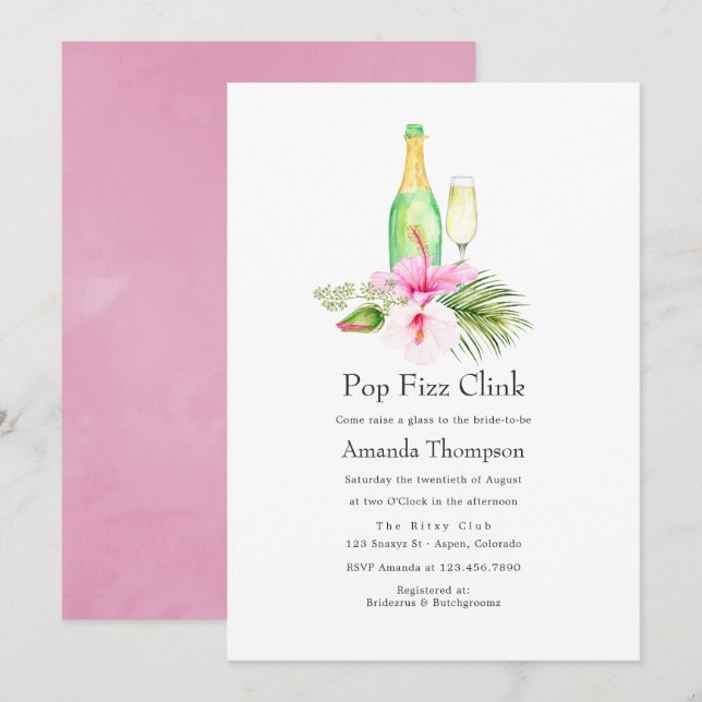 Tropical Floral Beach Pop Fizz Clink Bridal Shower Invitation (Front/Back)