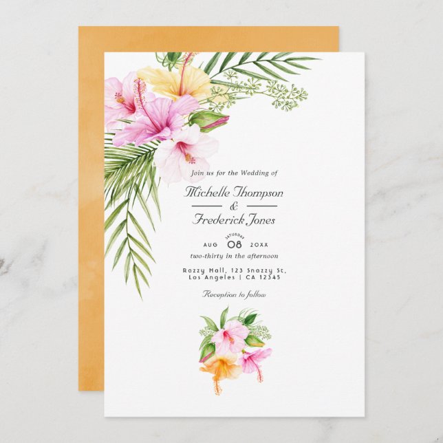 Tropical Floral Beach  QR Code RSVP Wedding  Invitation (Front/Back)