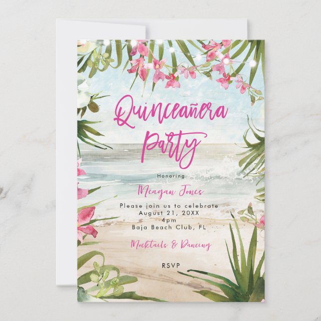 tropical floral beach quinceanera party invitation (Front)