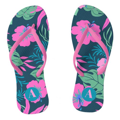 Tropical Floral Beach Vacations Custom Name Flip Flops