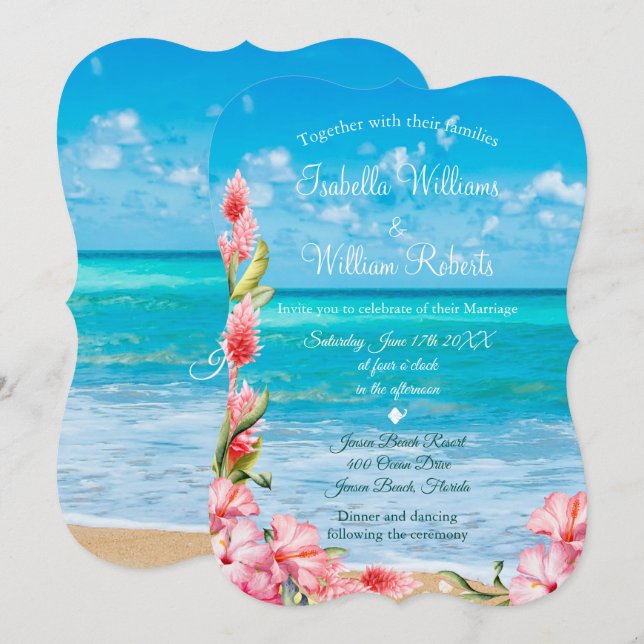 Tropical Floral Beach Wedding Invitation (Front/Back)