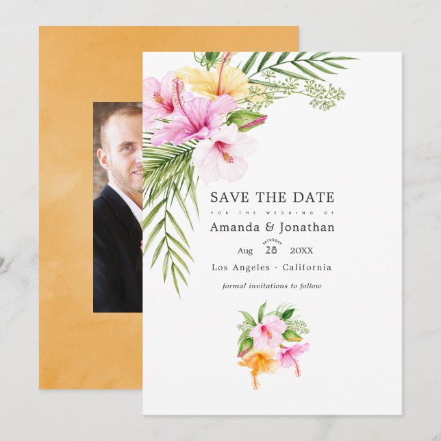 Tropical Floral Beach Wedding Photo Save The Date (Front/Back)