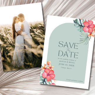 Tropical Floral Beach Wedding Photo Save the Date