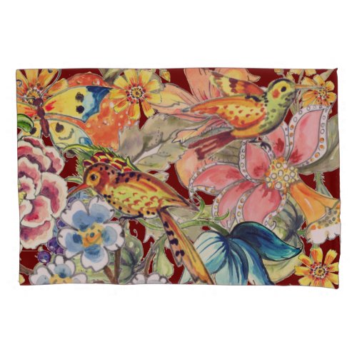 Tropical Floral Bird Butterfly Oriental Burgundy Pillow Case