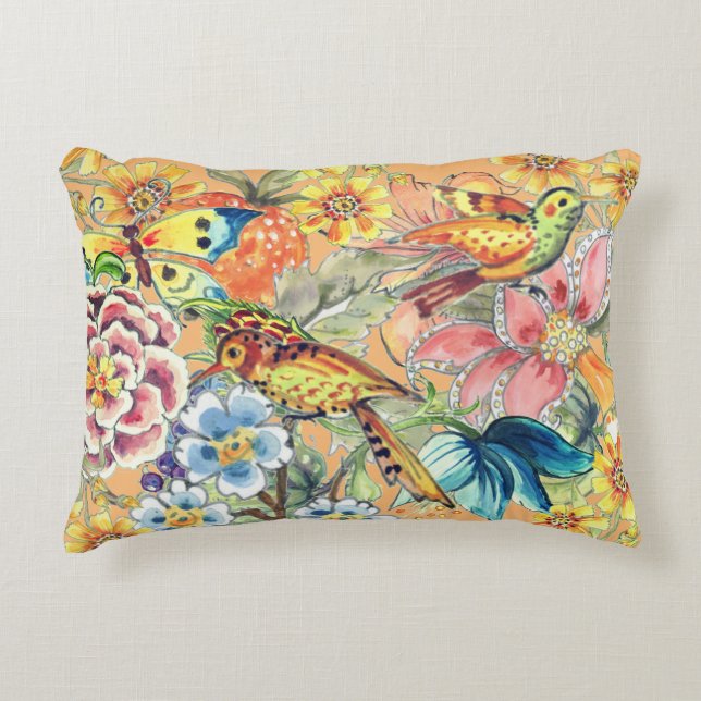 Tropical Floral Bird Butterfly Oriental Peach Accent Pillow (Front)