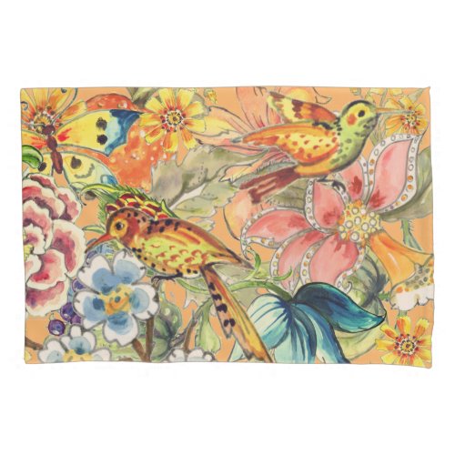 Tropical Floral Bird Butterfly Oriental Peach Pillow Case