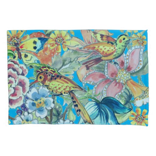 Tropical Floral Bird Butterfly Oriental Turquoise Pillow Case