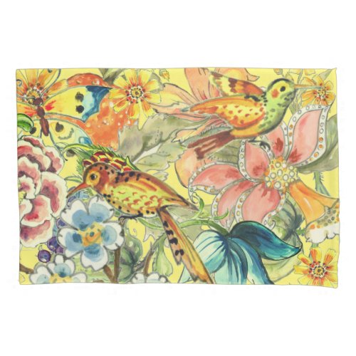 Tropical Floral Bird Butterfly Oriental Yellow Pillow Case