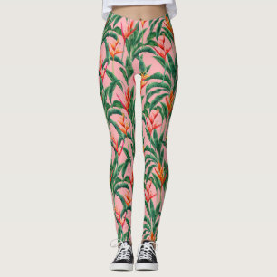 Tropical Floral Birds Of Paradise Flower Palm Leaf Leggings