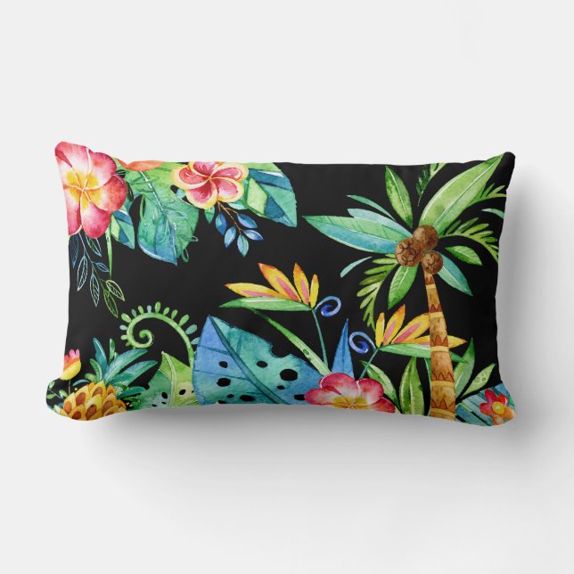 Tropical Floral Black Lumbar Pillow (Front)