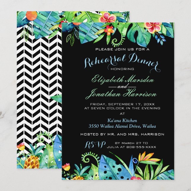 Tropical Floral Black Rehearsal Dinner Invitation (Front/Back)