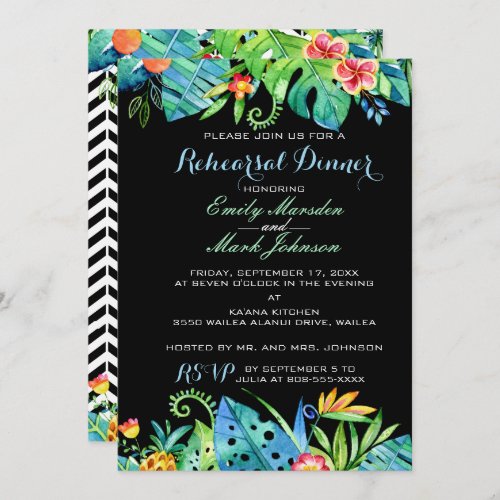 Tropical Floral Black Rehearsal Dinner Invitation