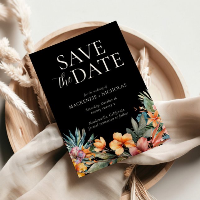 Tropical Floral Black Save the Date Invitation (tropical wedding save the date black)