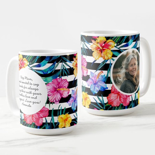 Tropical Floral Black Stripe | Mother's Day Photo Coffee Mug (Tropical Floral Black Stripe | Mother's Day Photo Coffee Mug)