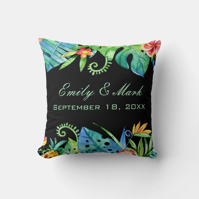 Tropical Floral Black Wedding Custom Throw Pillow (Front)