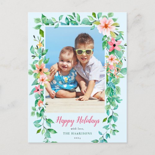 Tropical Floral Blue Happy Holidays Photo Postcard