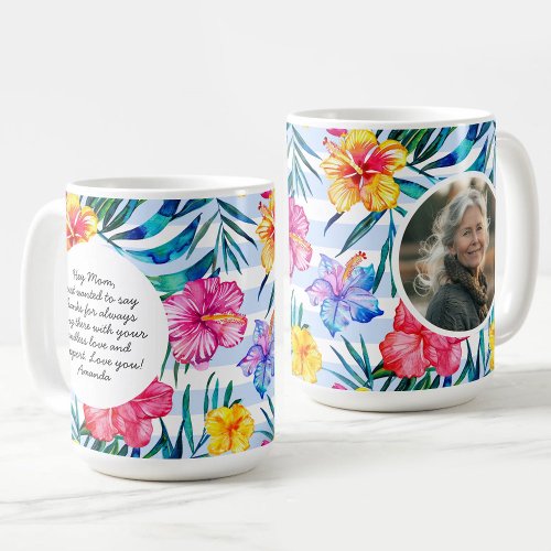 Tropical Floral  Blue Stripe  Mothers Day Photo Coffee Mug