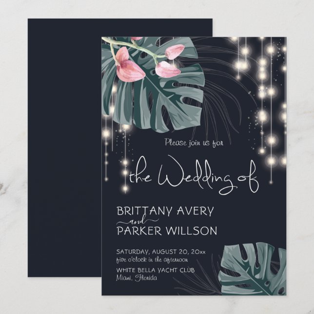 Tropical Floral Blue Wedding Invitation (Front/Back)