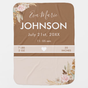 Tropical Floral Boho Girl Birth Stats Info & Name Baby Blanket