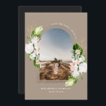 Tropical Floral | Boho Save the Date<br><div class="desc">Featuring beautiful tropical florals and your save the date details. Retro arched frame masks one full photo. Background color can be personalized. Beautiful watercolor florals in shades of warm yellow, blush pink, and delicate ivory white with lush tropical greenery. With a blooming palette like this, every event element is sure...</div>