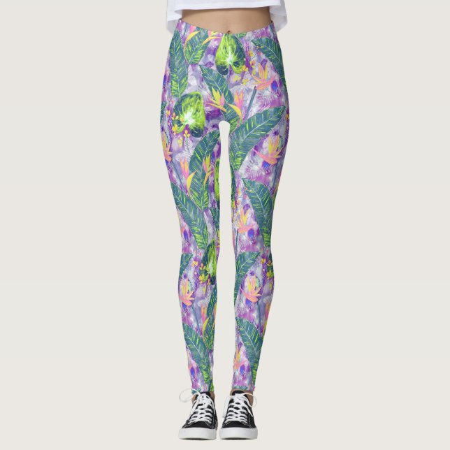 Tropical floral, Botanical, lilac, green, pink, fl Leggings (Front)