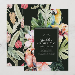 Tropical Floral & Botanical Parrot 1st Birthday Invitation