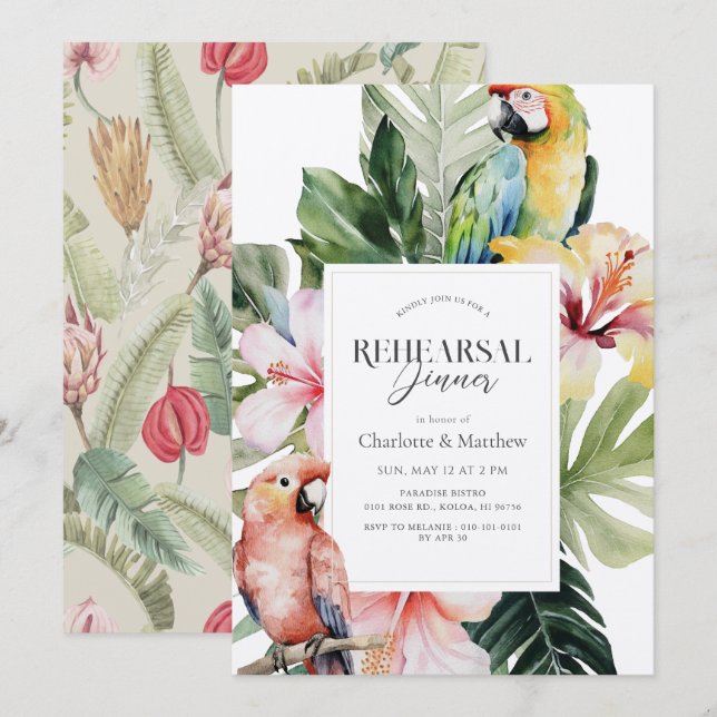 Tropical Floral Botanical Parrot Rehearsal Dinner Invitation (Front/Back)