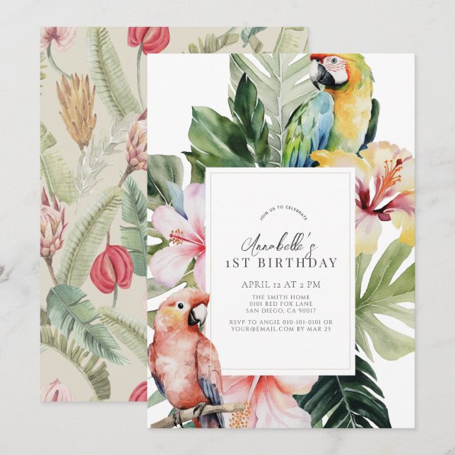 Tropical Floral Botanical Parrot Wht 1st Birthday Invitation (Front/Back)