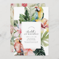 Tropical Floral Botanical Parrot Wht 1st Birthday Invitation
