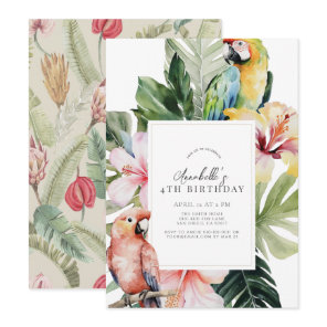 Tropical Floral Botanical Parrot Wht Kids Birthday Invitation