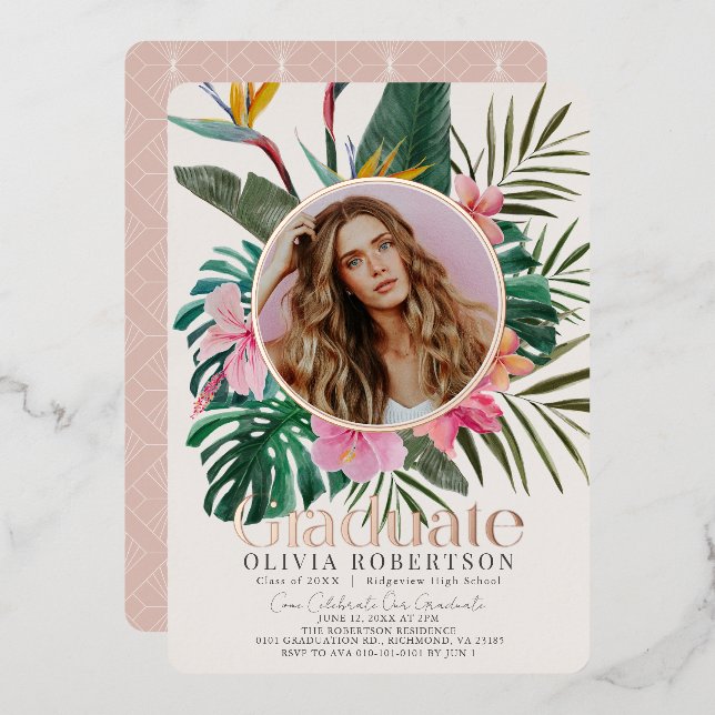 Tropical Floral & Botanical Photo Graduation Foil Invitation (Front/Back)