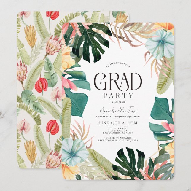Tropical Floral & Botanical Plants Graduation Invitation (Front/Back)