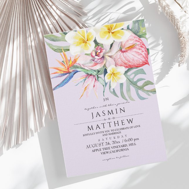 Tropical Floral Botanical Purple Wedding  Invitation (Creator Uploaded)