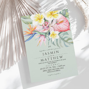 Tropical Floral Botanical Sage Green Wedding  Invitation