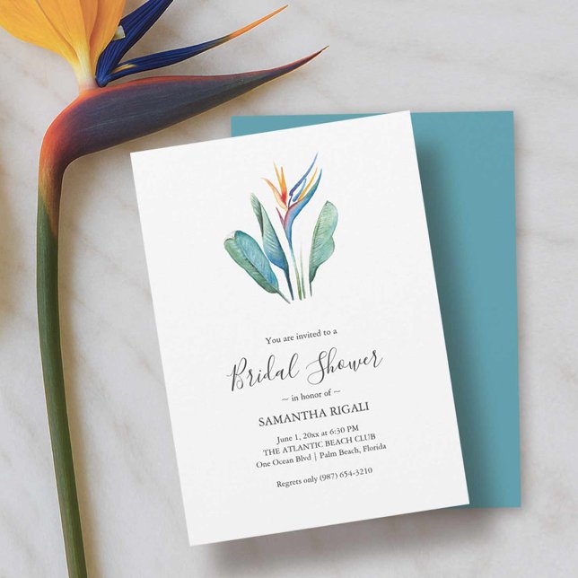 Tropical Floral Bridal Shower Invitations (Bridal shower luncheon invitations tropical bird of paradise art Victoria Grigaliunas DoTellABelle)