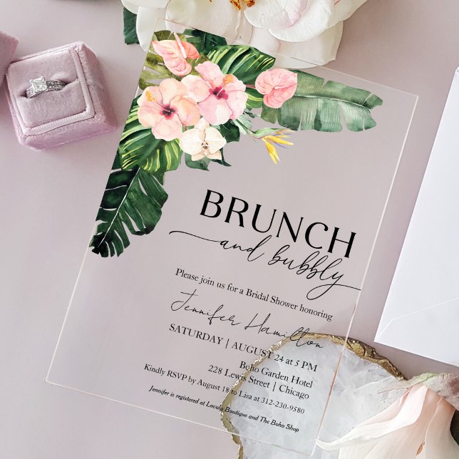 Tropical Floral Brunch and Bubbly Bridal Shower Acrylic Invitations (Creator Uploaded)