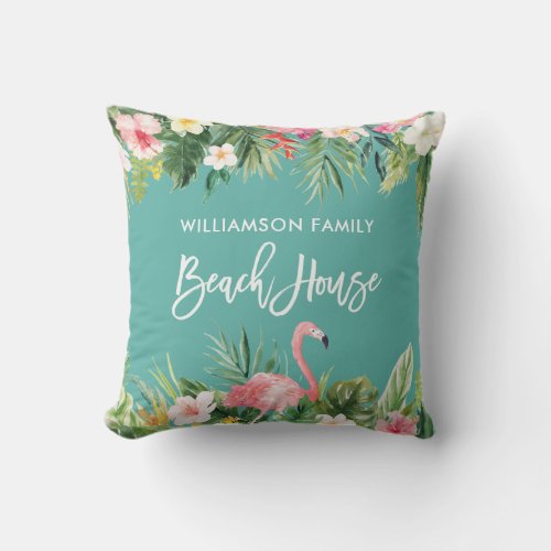 Tropical Floral Brush Script Family Beach House Outdoor Pillow